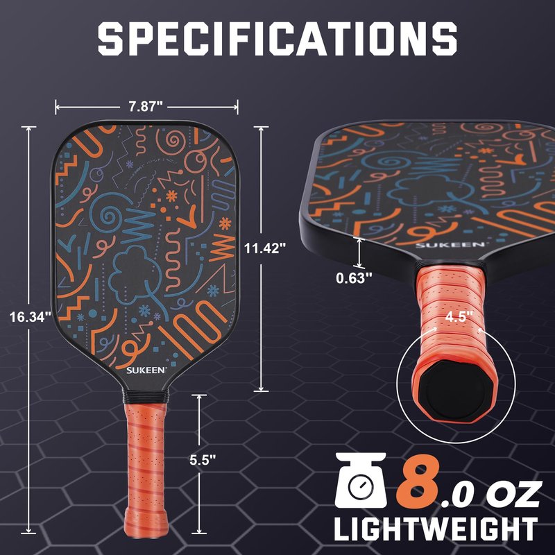 Sukeen T700 Carbon Fiber Pickleball Paddle, 16mm Pickleball Paddles with Great Grit & Spin, Pickleball Paddles Carbon Fiber Surface, 5.5" Elongated Handle, Large Sweet Spot, 2 Pickleball Balls