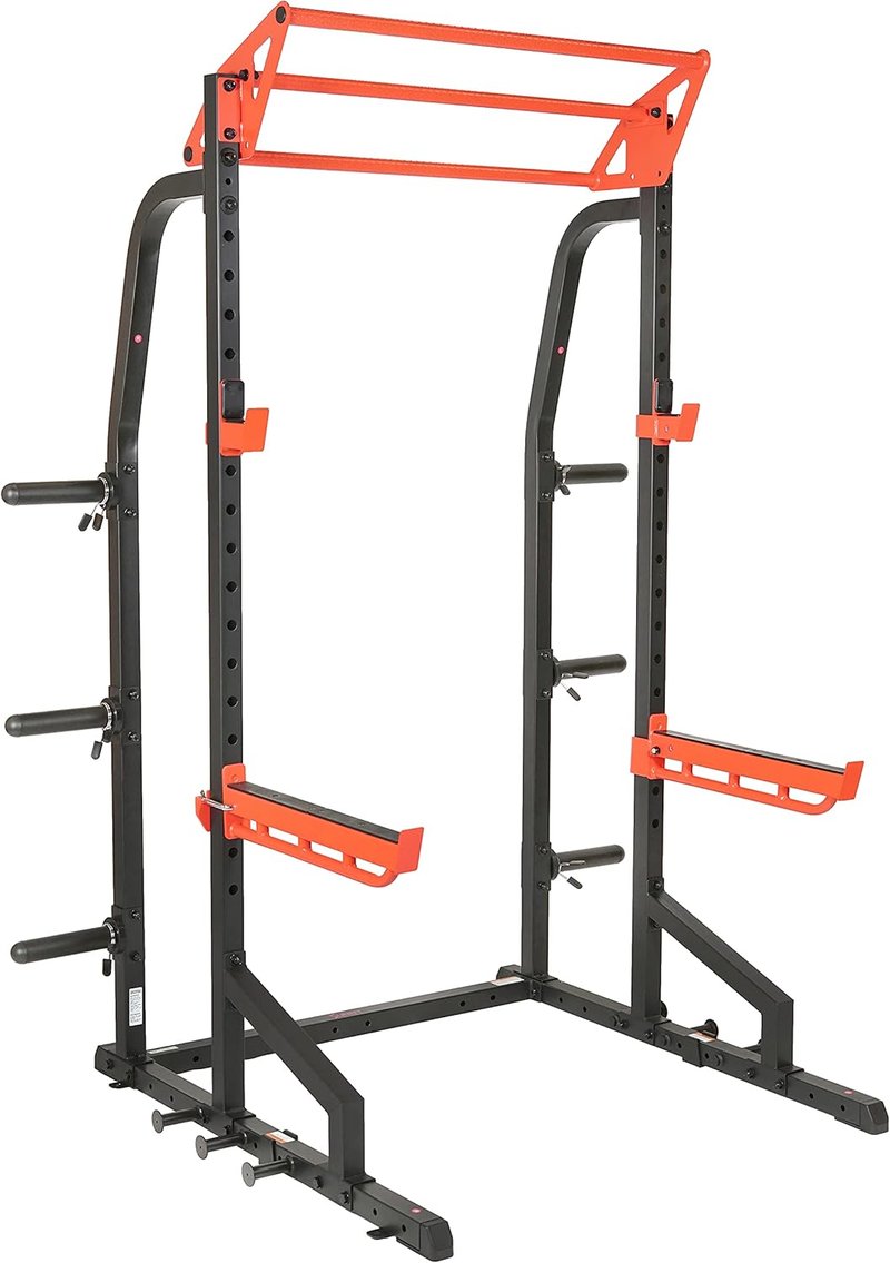 Sunny Health & Fitness Power Zone Half Rack | Heavy-Duty Performance Power Cage with Adjustable Pull-Up Bar & LAT Pull Down Attachment