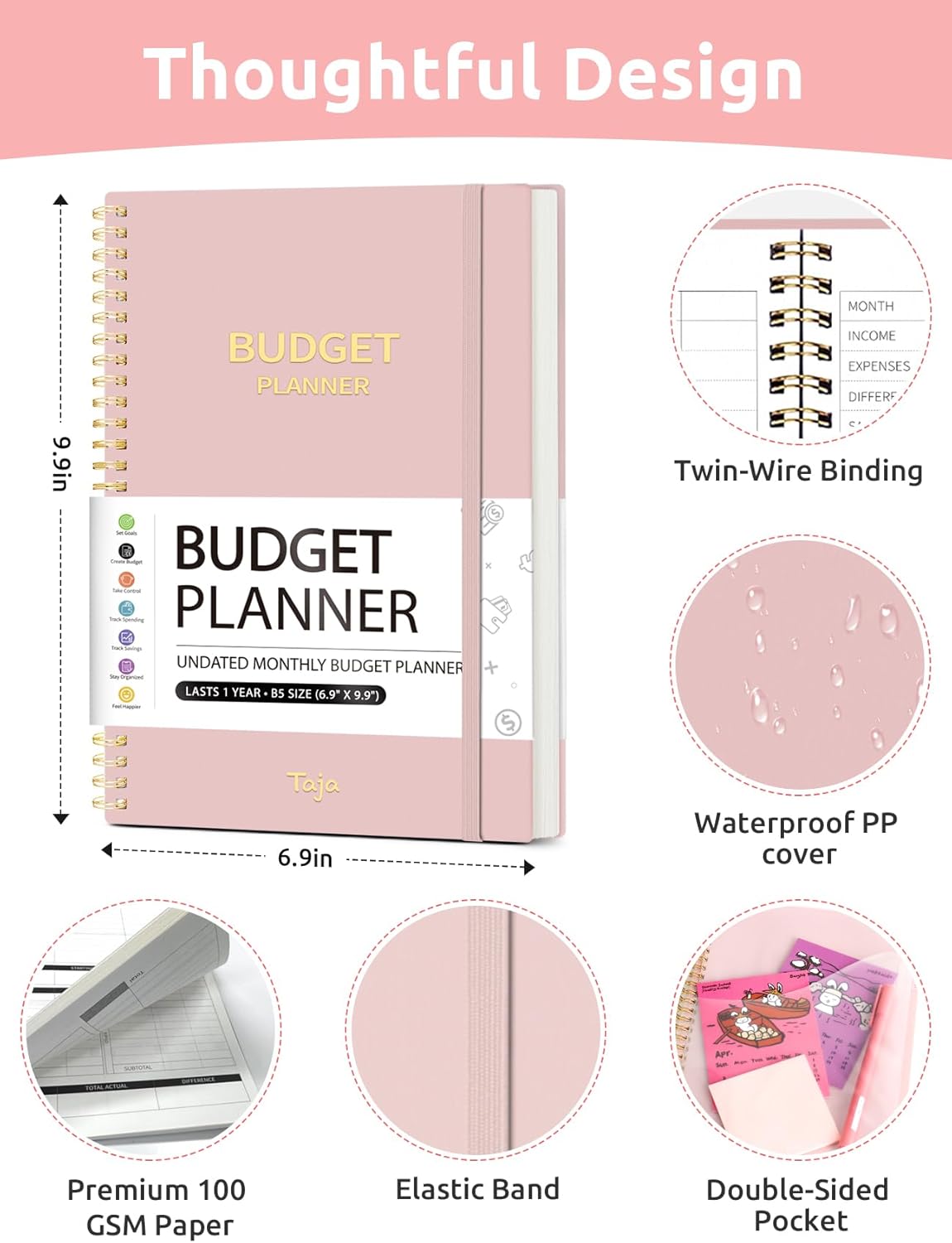 Monthly Budget Planner - Undated Expense Tracker Notebook & Bill Organizer | Finance Planner in Pink