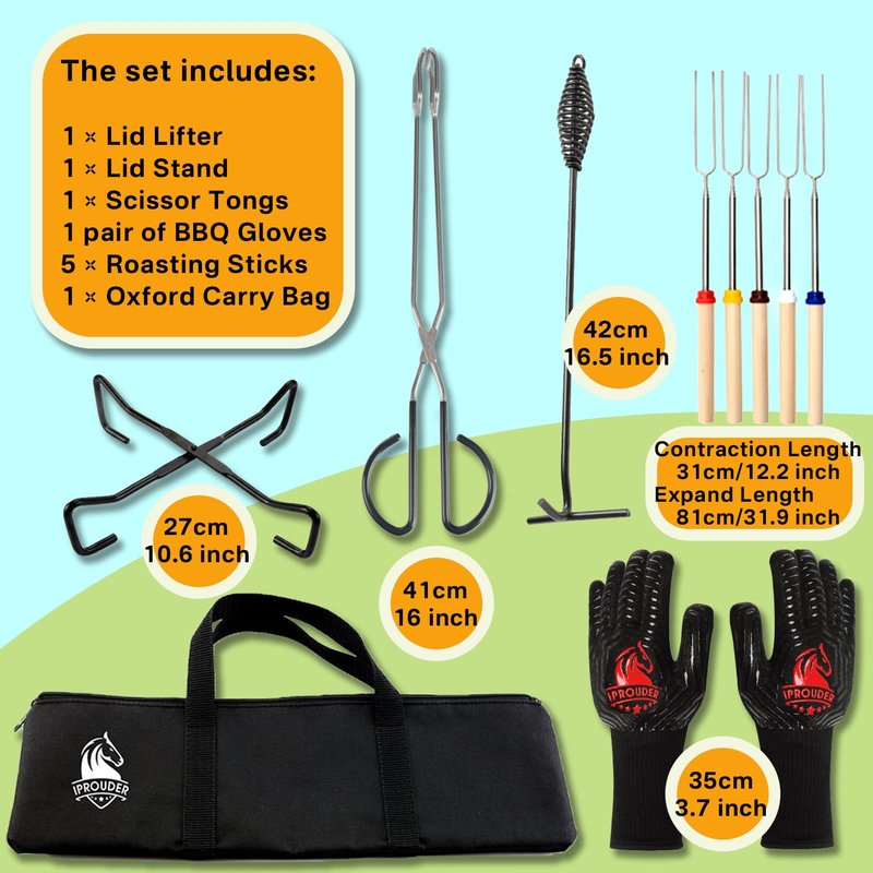 IPROUDER 6-in-1 Dutch Oven Camping Accessories Kit - Campfire Cooking Equipment with Marshmallow Roasting Sticks, Heat-Resistant Gloves, 16" Scissors Tongs, Lid Lifter & Lid Stand
