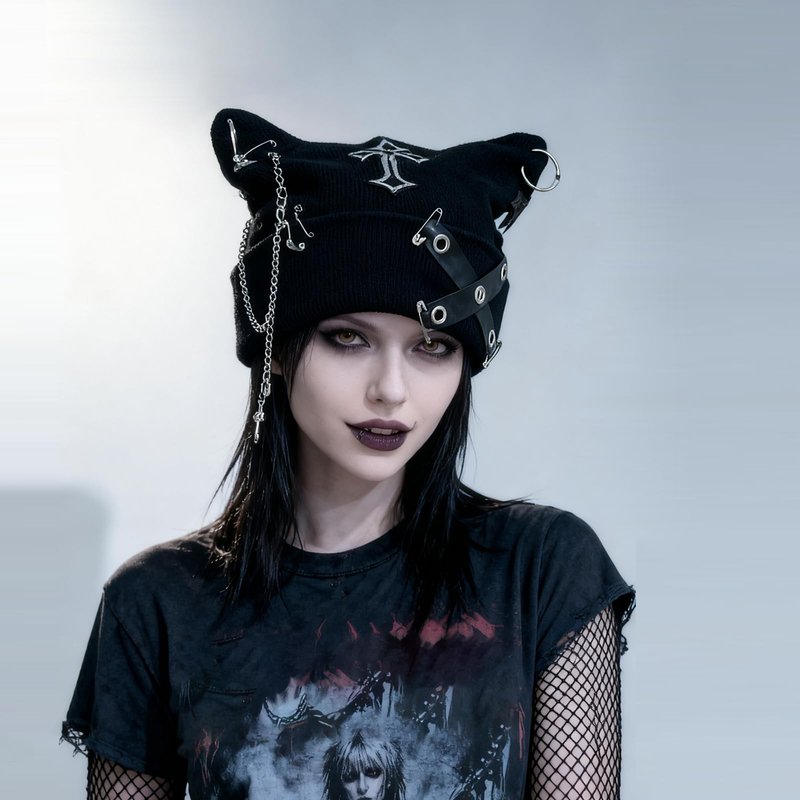 Y2K Gothic Grunge Hat - Cat Ear Bat Wing Black Beanie with Ears Cross Chains, Emo Punk Knitted Skull Cap for Women, Streetwear Goth Hat with Ears