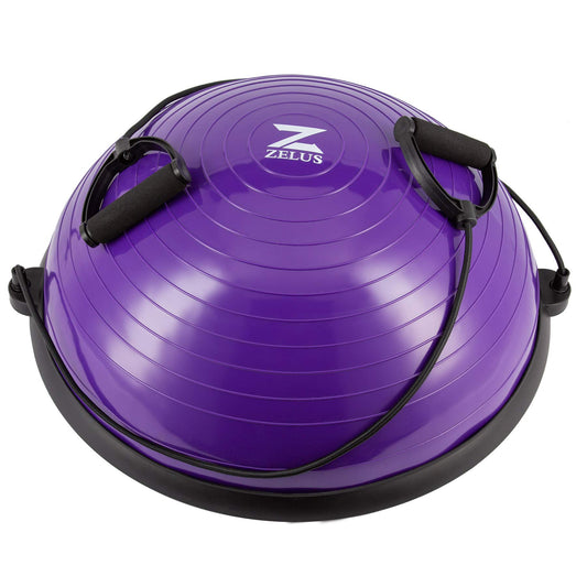 ZELUS Balance Ball Trainer Half Yoga Exercise Ball with Resistance Bands and Foot Pump for Yoga Fitness Home Gym Workout (Purple)