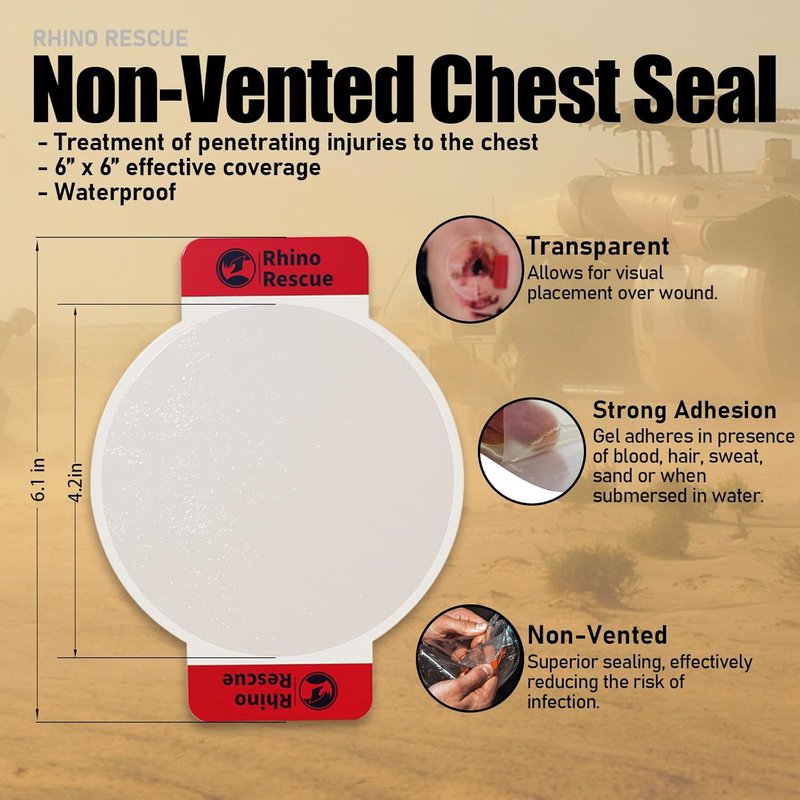 RHINO RESCUE Chest Seal - Non-Vented Sterile Trauma Dressing for Gunshot Wounds | 6 Count