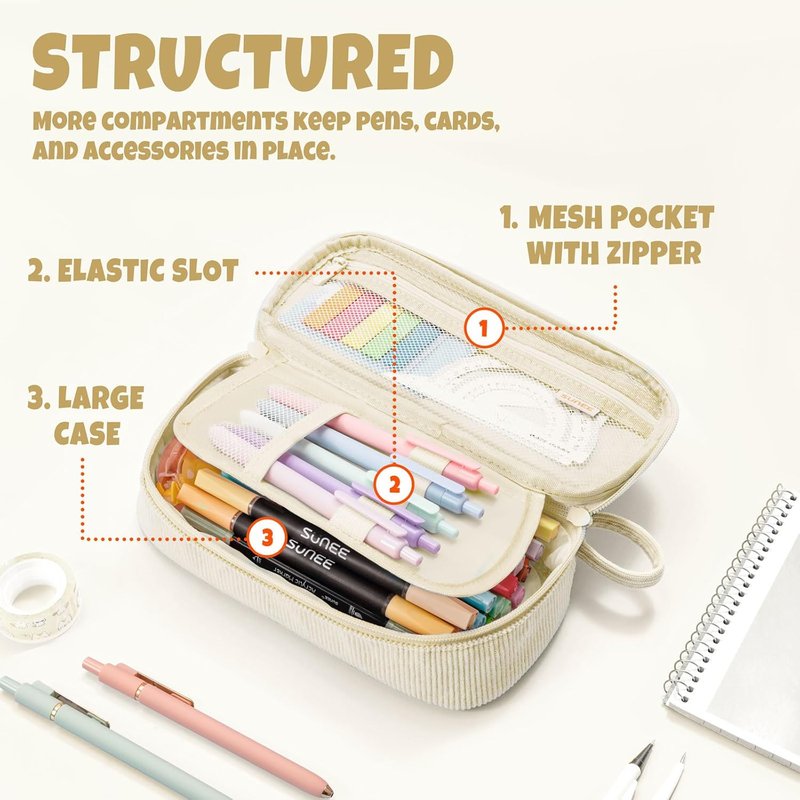 Cute Pencil Case - Large Capacity Aesthetic Zipper Pouch for Stationery | Soft Corduroy, Beige