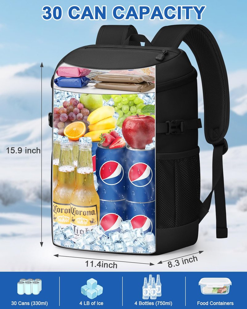 Pritent Cooler Backpack for Men Women Insulated Waterproof Backpack Coolers Leak Proof Cooler Bag Lightweight Lunch Backpack for Camping Beach Travel Picnic(Black,30 Cans)