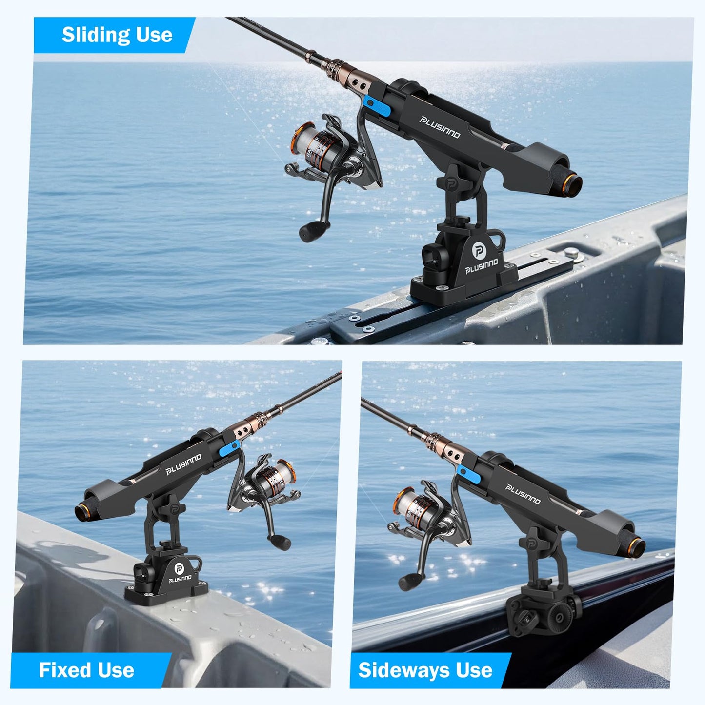 PLUSINNO Kayak Fishing Rod Holder with Tracks, 2 in 1 Fishing Rod Holders for Boat, Kayak Accessories, Fishing Pole Holders for Track Mount / Deck Mount with Fishing Rod Protective Strap, Kayak Rail