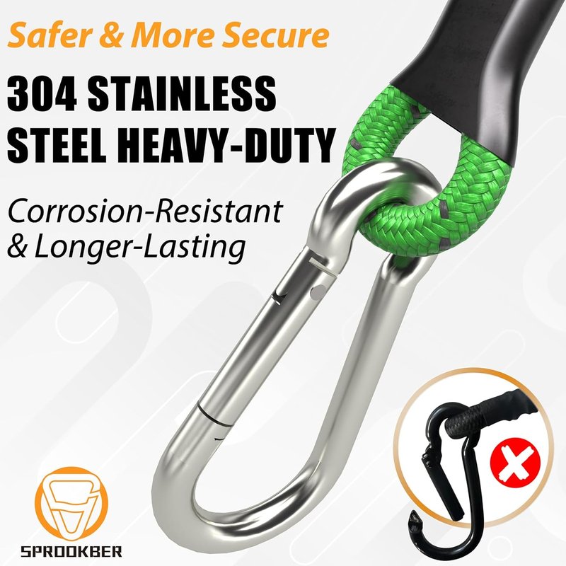 8 Inch Heavy Duty Bungee Cords with Stainless Steel Carabiner | Set of 4 for Camping, Tarps, and Bike Racks