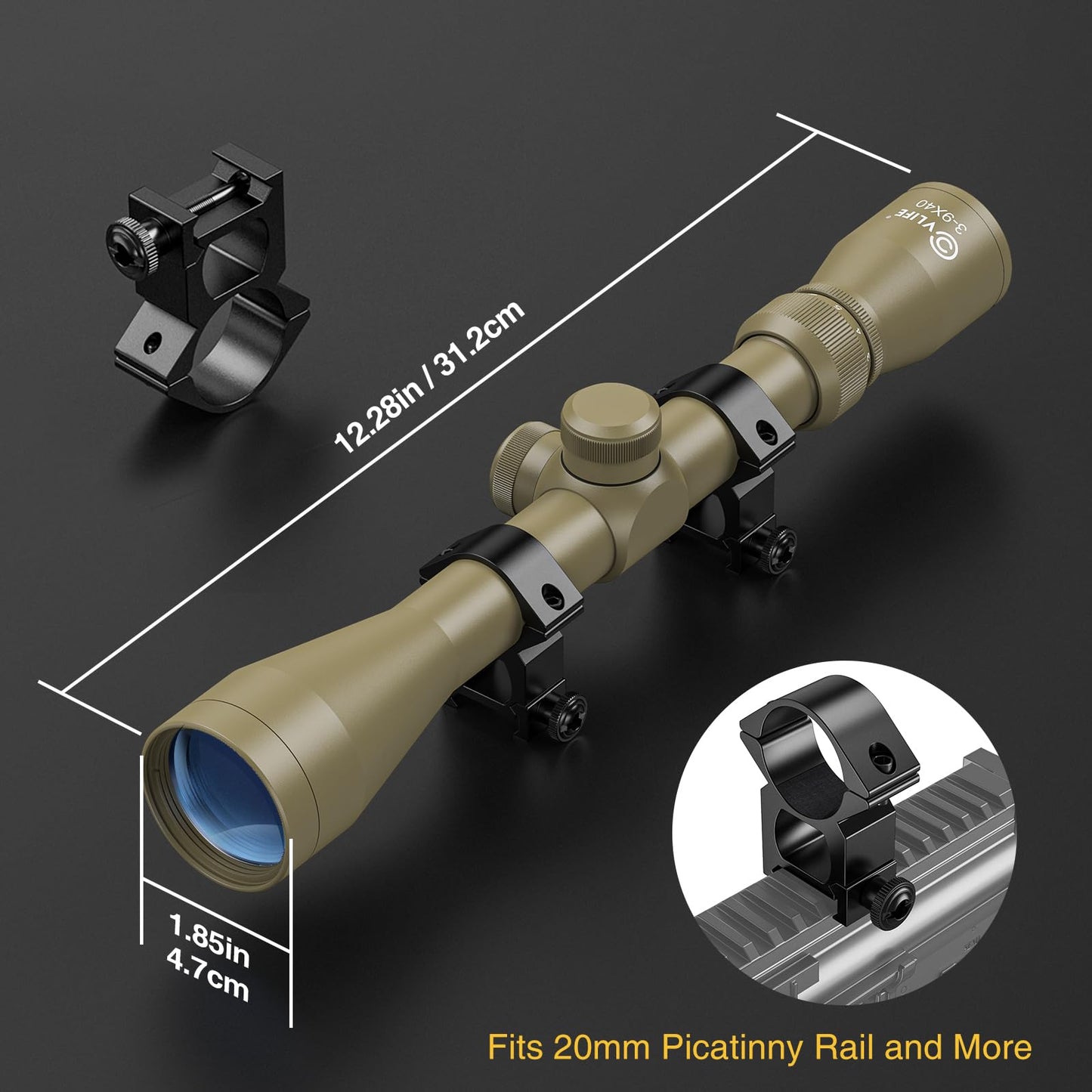 CVLIFE 3-9x40 Optics R4 Reticle Optics Crosshair Scope with 20mm Scope Mounts, Flat Dark Earth