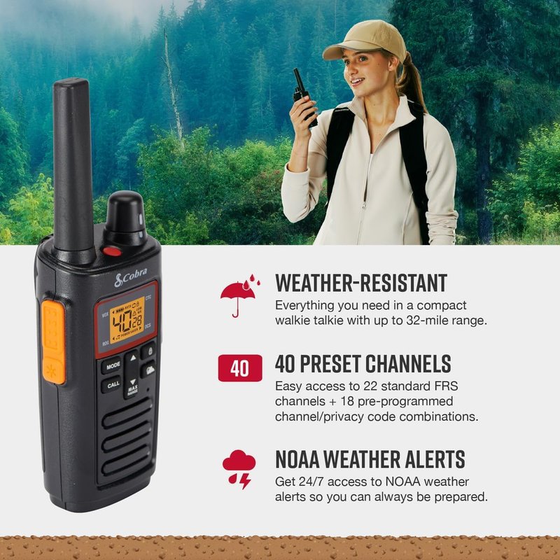 Cobra RX380 Walkie Talkies - 2-Pack Rechargeable Two-Way Radio Set | 32-Mile Range, 40 Channels, Black