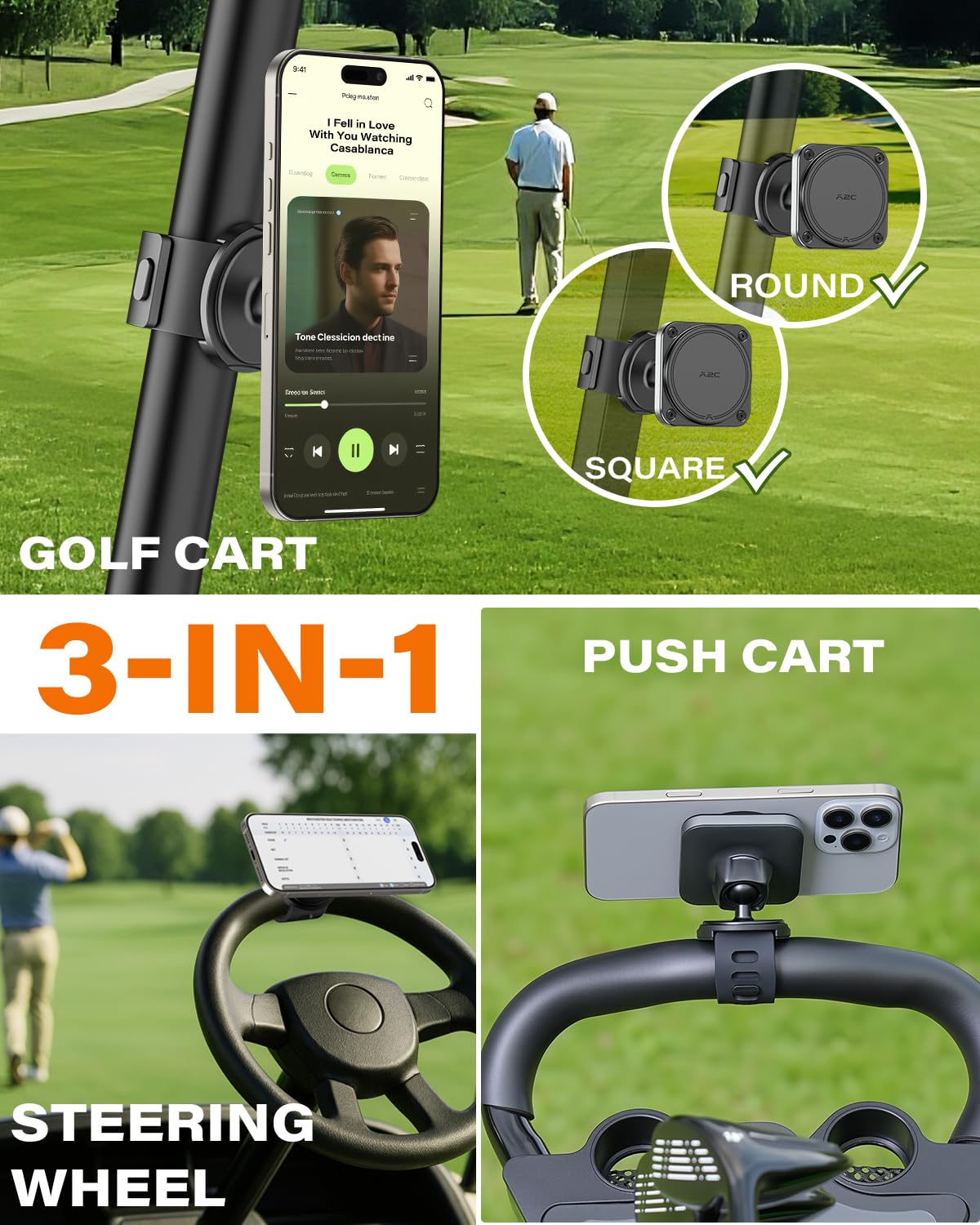 A2C Golf Gifts for Men 3-in-1 Magnetic Phone Holder for Golf Cart, Push Cart, Steering Wheel Phone Mount, Golf Cart Accessories for EZGO, Club Car, Yamaha, Icon, Golfers Essentials for Men Dad Husband