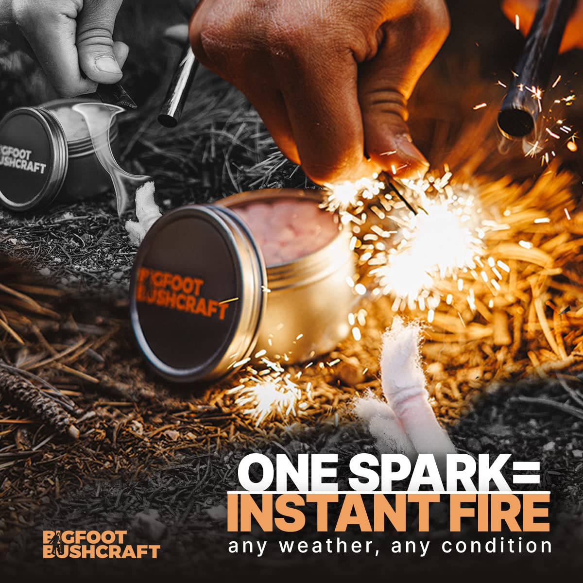 Bigfoot Bushcraft Complete Emergency Fire Starter Kit - Waterproof, Windproof, 5+ Minute Burn - Includes 80 Fire Plugs, Compact Travel Tin, and Extra Thick Ferro Rod Set