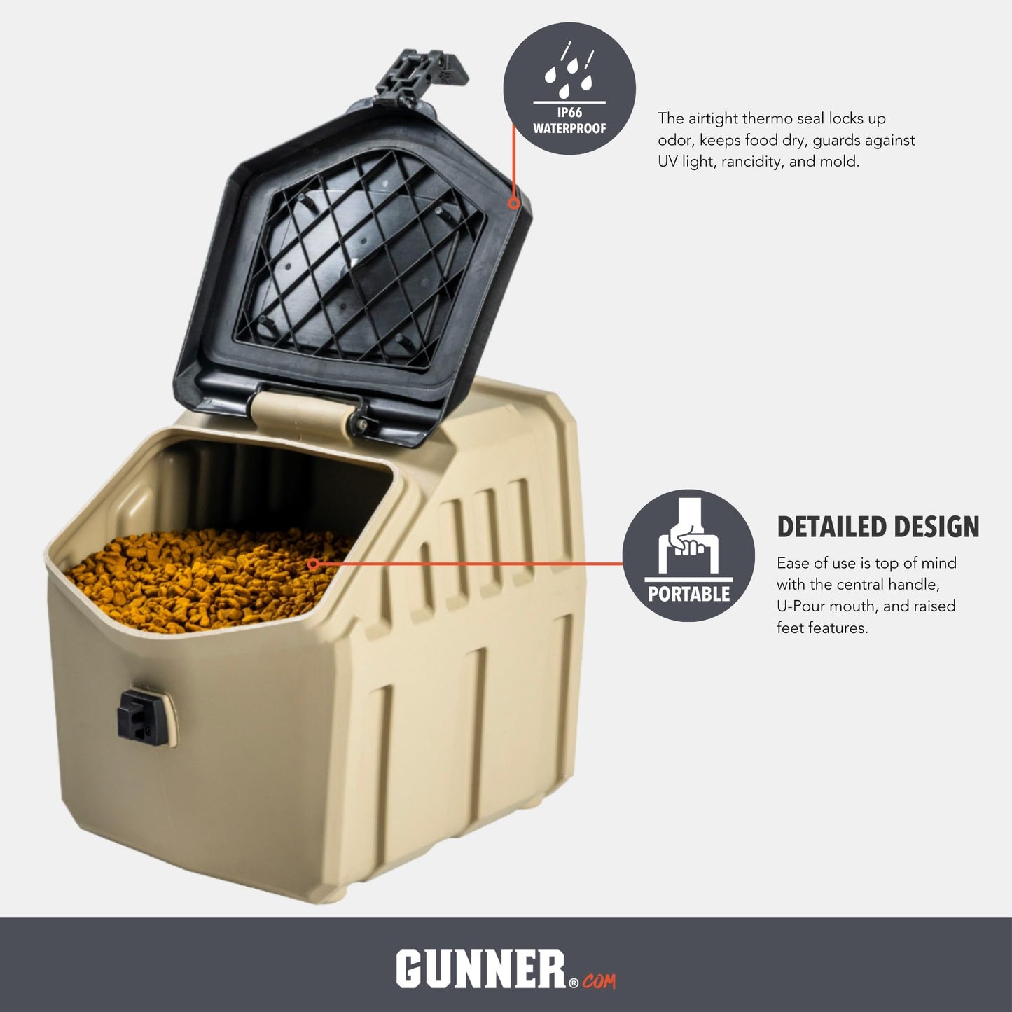 GUNNER 30 Lb Dog Food Storage Container, Tan, IP66 Waterproof, Airtight