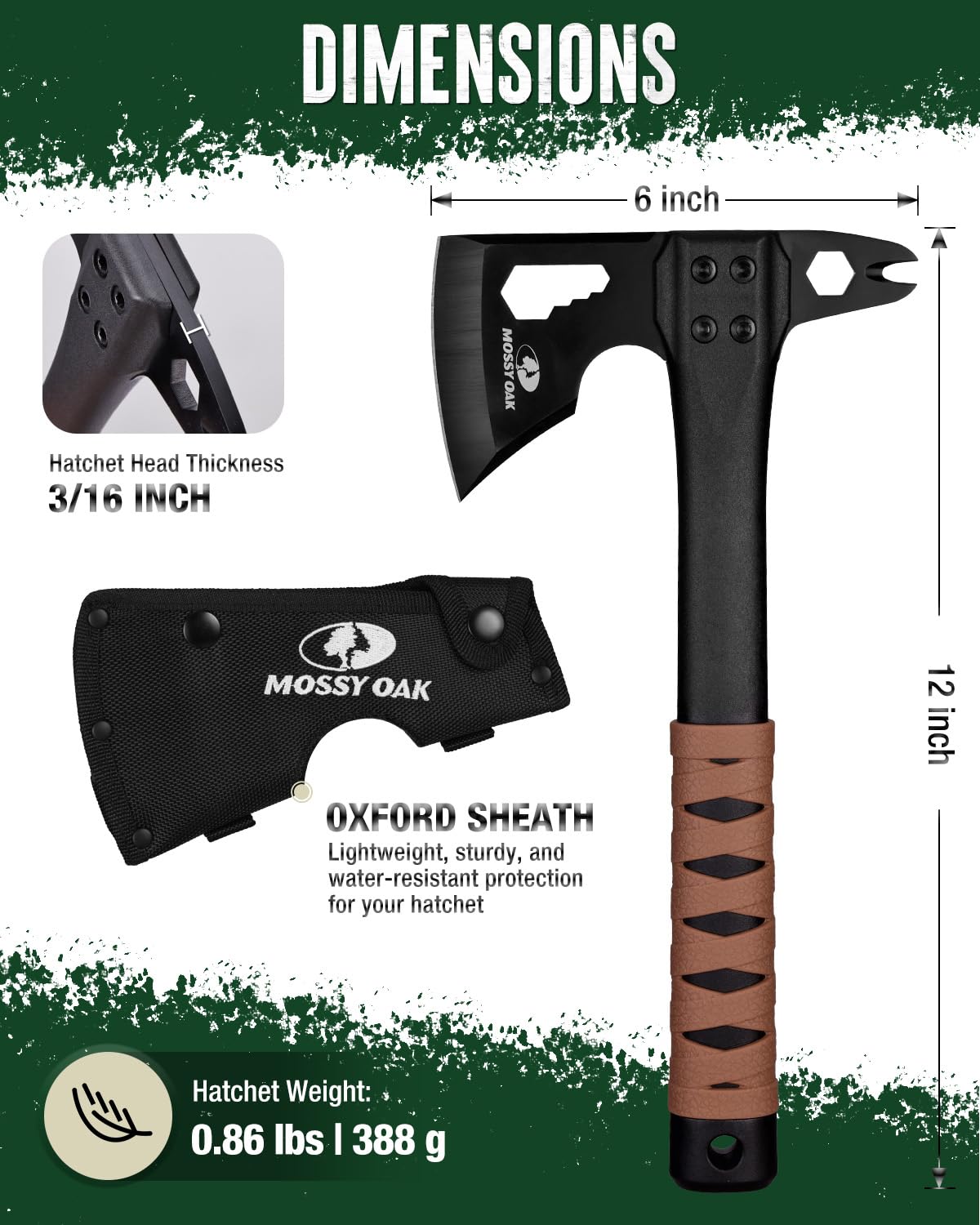 MOSSY OAK 12" Camping Axe and Survival Hatchet with Sheath