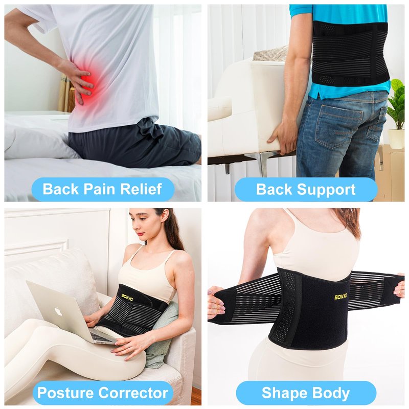 BOKIC Back Brace for Men and Women Lower Back, Lumbar Support Belt Relieve Lower Back Pain with 8 Reinforce Bones,Scoliosis, Sciatica,Herniated Disc,Back Brace for Lifting at Work 04 Black-L