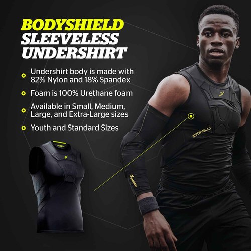 Storelli BodyShield Sleeveless Undershirt, Protective Soccer Base Layer, Lightweight Compression Top with Padded Chest and Rib Protection, Ultimate Comfort and Safety for Athletes, Black, Extra Large