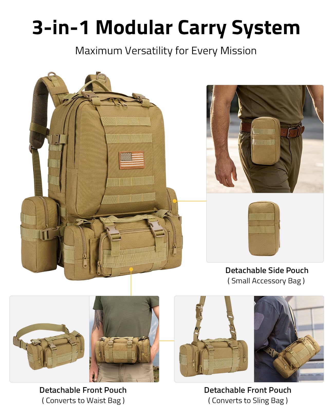 CVLIFE Tactical Backpack Military Army Rucksack 60L Large Assault Pack Detachable Molle Bag