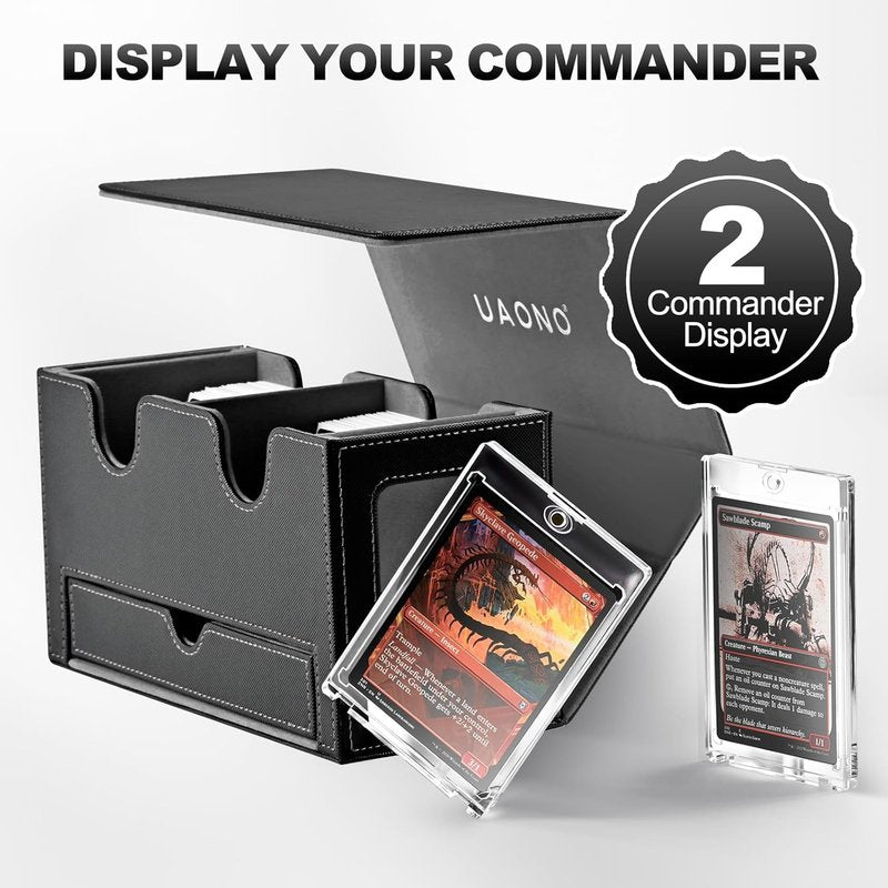 Card Deck Box for MTG - Double Storage Organizer with 2 Commander Displays & 1 Dice Tray | Fits 200+ Double Sleeved Cards (Black Gray)