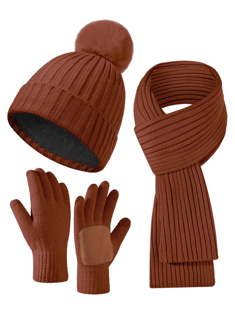 Women's Winter Beanie Hat Scarf Gloves Set,Fleece Lined Knit Pom Hat Long Scarf with Touchscreen Gloves Gifts for Women,Brown