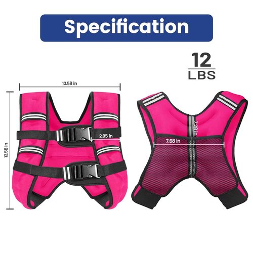 12LB Pink Weighted Vest with Two Adjustment Straps for Men Women, Weight Vest with Reflective Stripes for Workout, Strength Training, Running, Fitness, Muscle Building, Weight Loss