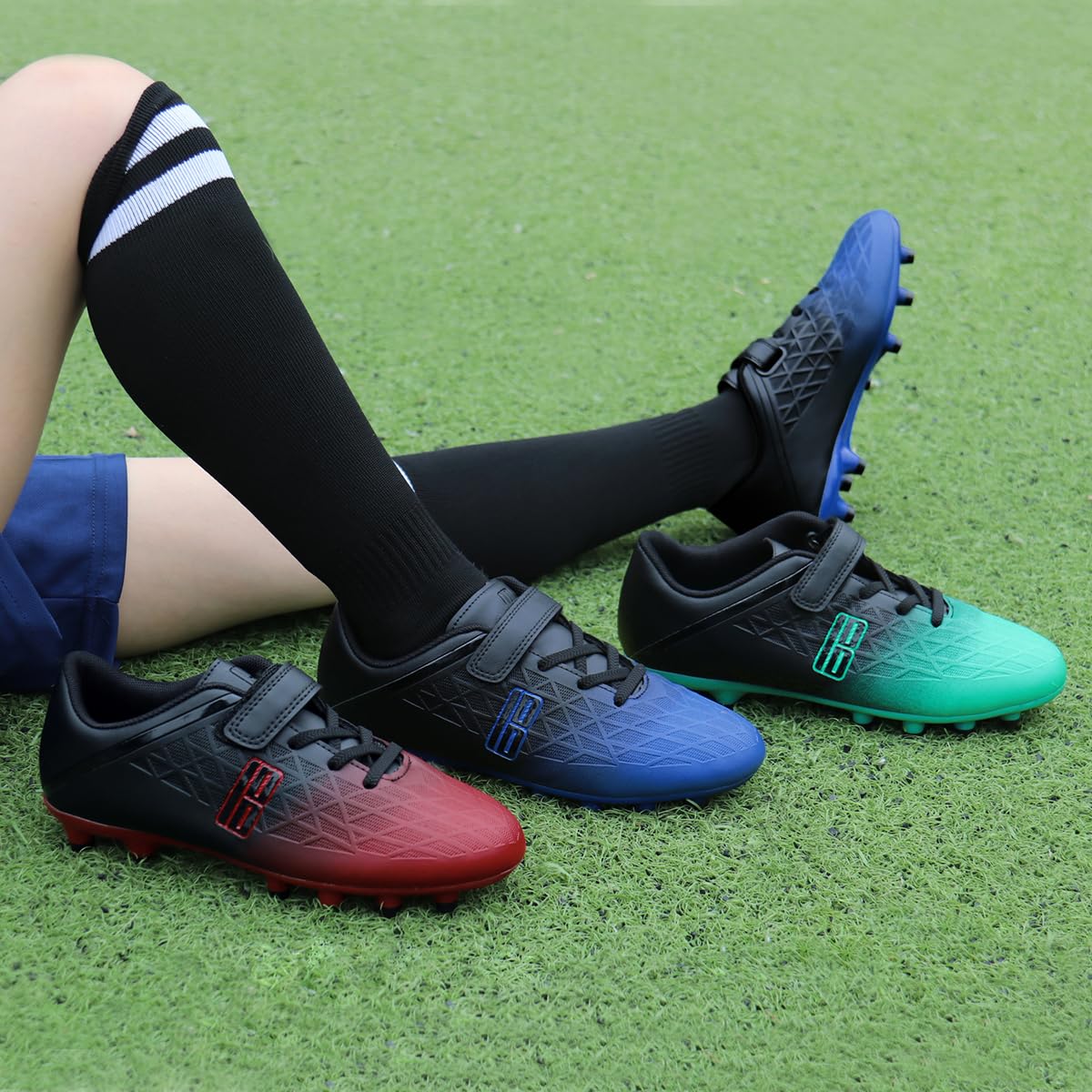 brooman Kids Firm Ground Soccer Cleats Boys Girls Athletic Outdoor Football Shoes (13,Blue Black)