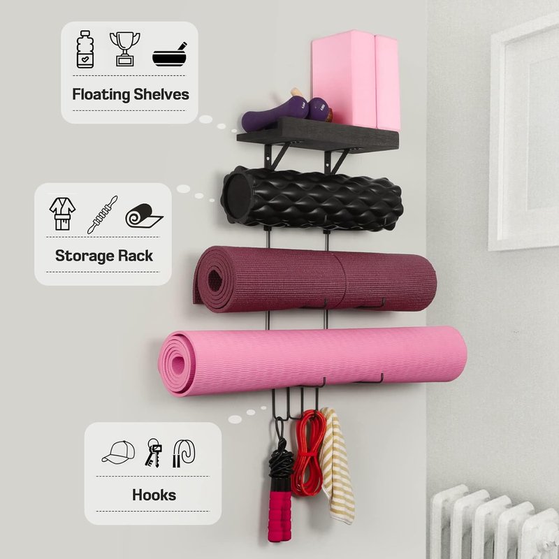 Yoga Mat Holder Wall Mount | Stylish Storage with Wood Shelves & 4 Hooks - Vintage Black