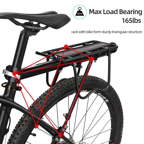ROCKBROS Rear Bike Rack Bike Cargo Rack Adjustable Bicycle Luggage Carrier Rack Rear Quick Release Mountain Bike Pannier Rack with Elastic Band and Reflector, Most 165 lbs Capacity