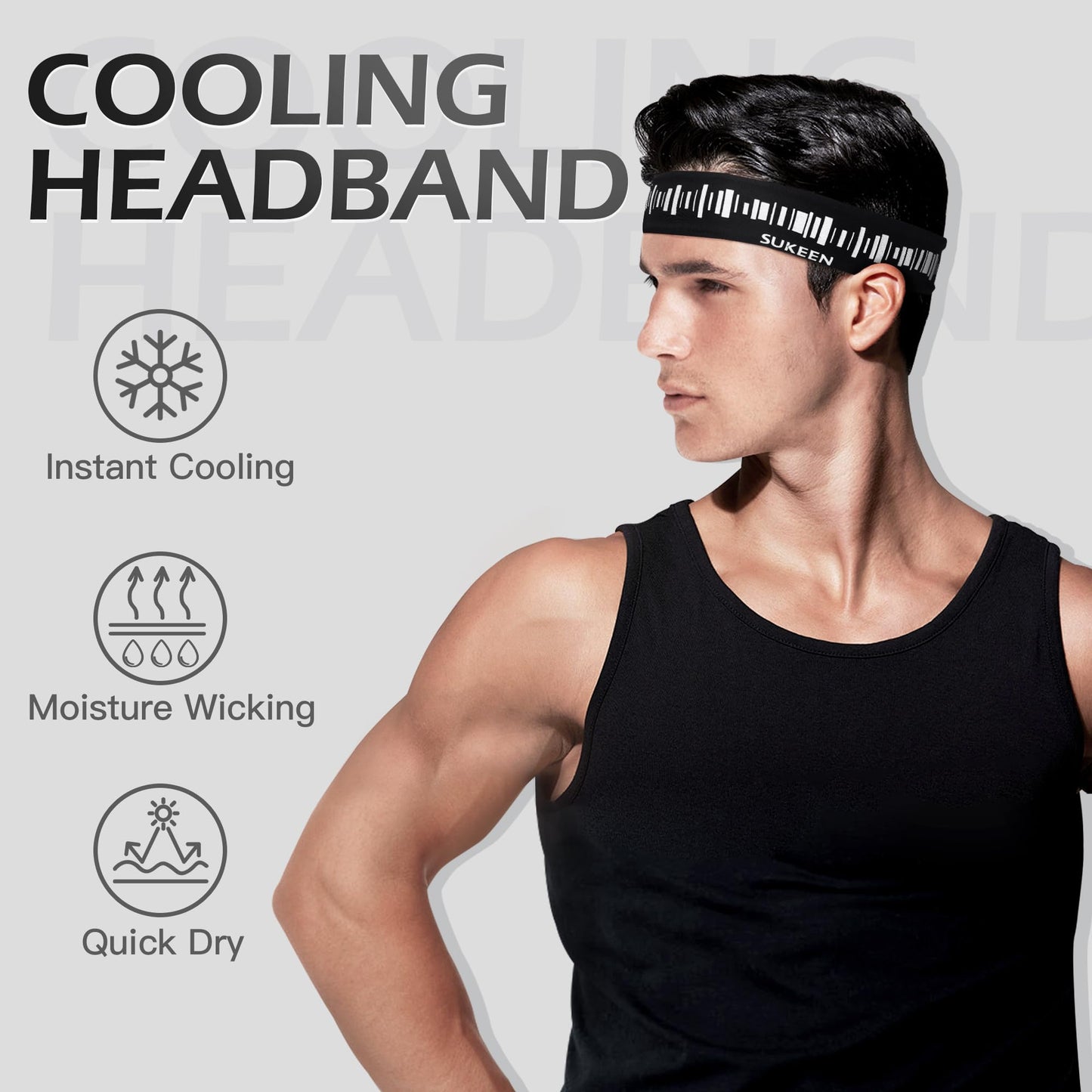 Sukeen Cooling Headbands for Men, Moisture Wicking Sweat Band Sweatbands, Reflective Running Headband, Non Slip Sports Workout Headband for Gym, Fitness, Exercise, Black