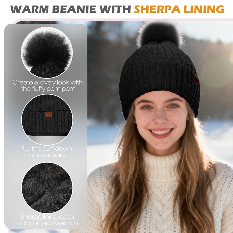 Winter Hats Gloves Scarf Set for Women, Beanie Hat Headband Ear Warmer, Infinity Scarf Touchscreen Gloves for Cold Weather