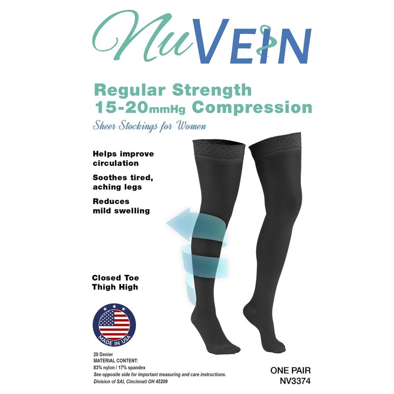 NuVein Sheer Compression Stockings for Women, 15-20 mmHg Support, Medium Denier, Thigh High, Closed Toe, Beige, Medium