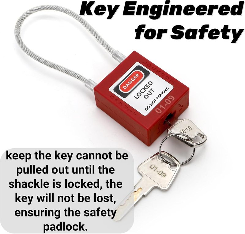 Noamus Lockout Tagout Padlock Set - 10 Steel Cable Safety Locks with 20 Keys | Red Keyed for Electrical Devices