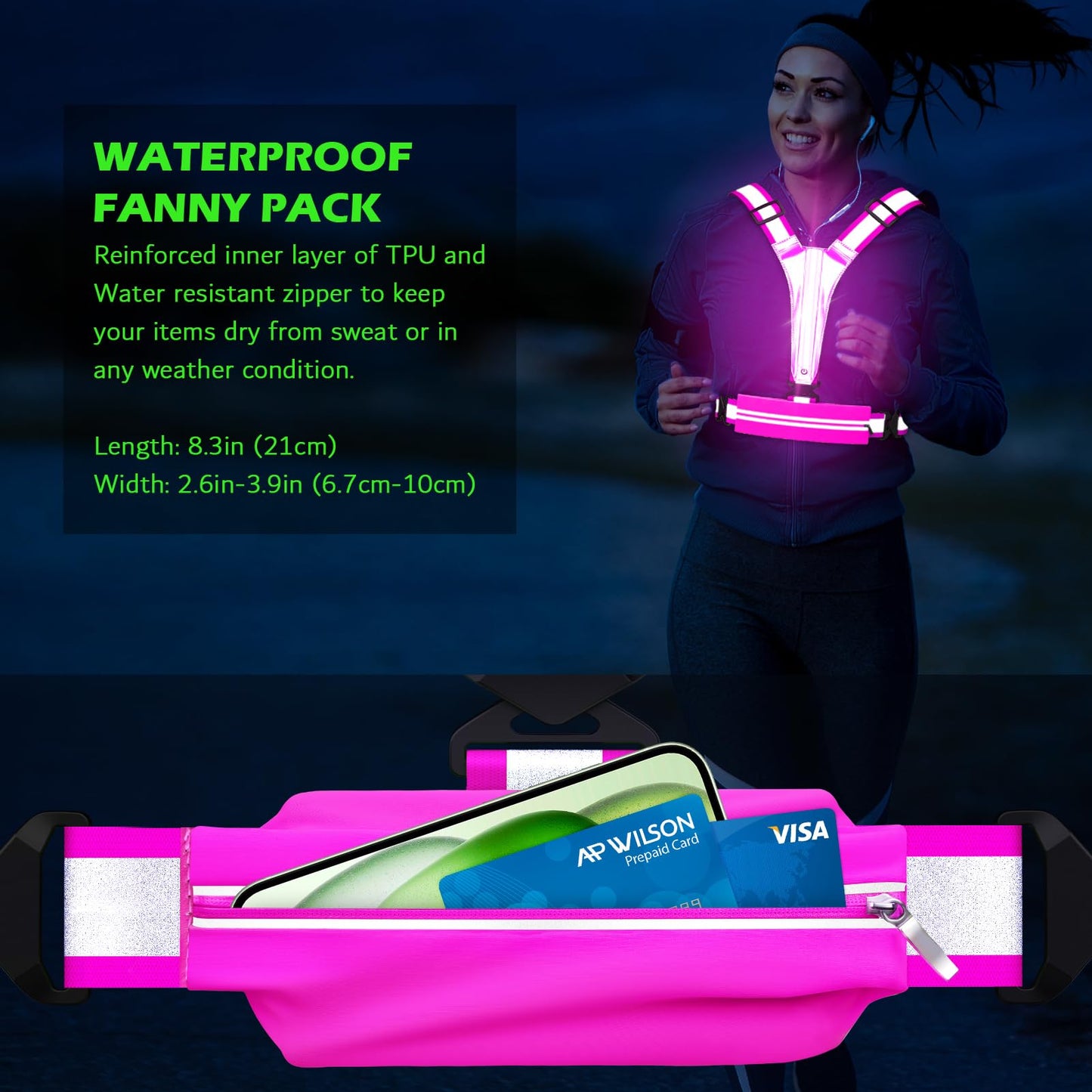 Ylzzrs LED Reflective Vest Running Gear, USB Rechargeable Light Up Running Vest Chest Phone Holder for Runners Night Walking,6-11hrs Light Adjustable Waist/Shoulder for Women Men Kids (Pink)