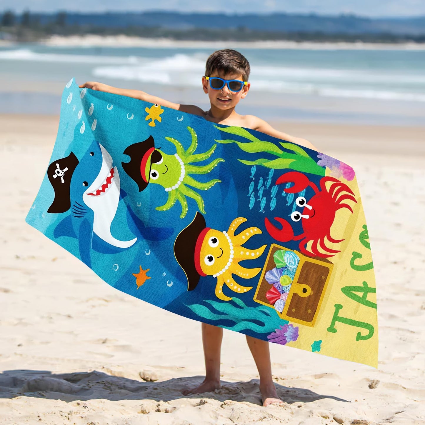 Dreamdecor Kids Personalized Beach Towel with Name, Striped Custom Beach Towels for Swimming Pool Vacation, Microfiber Sand Free Fast Drying Beach Towel - Easter Gift for Adults Women Men Kids