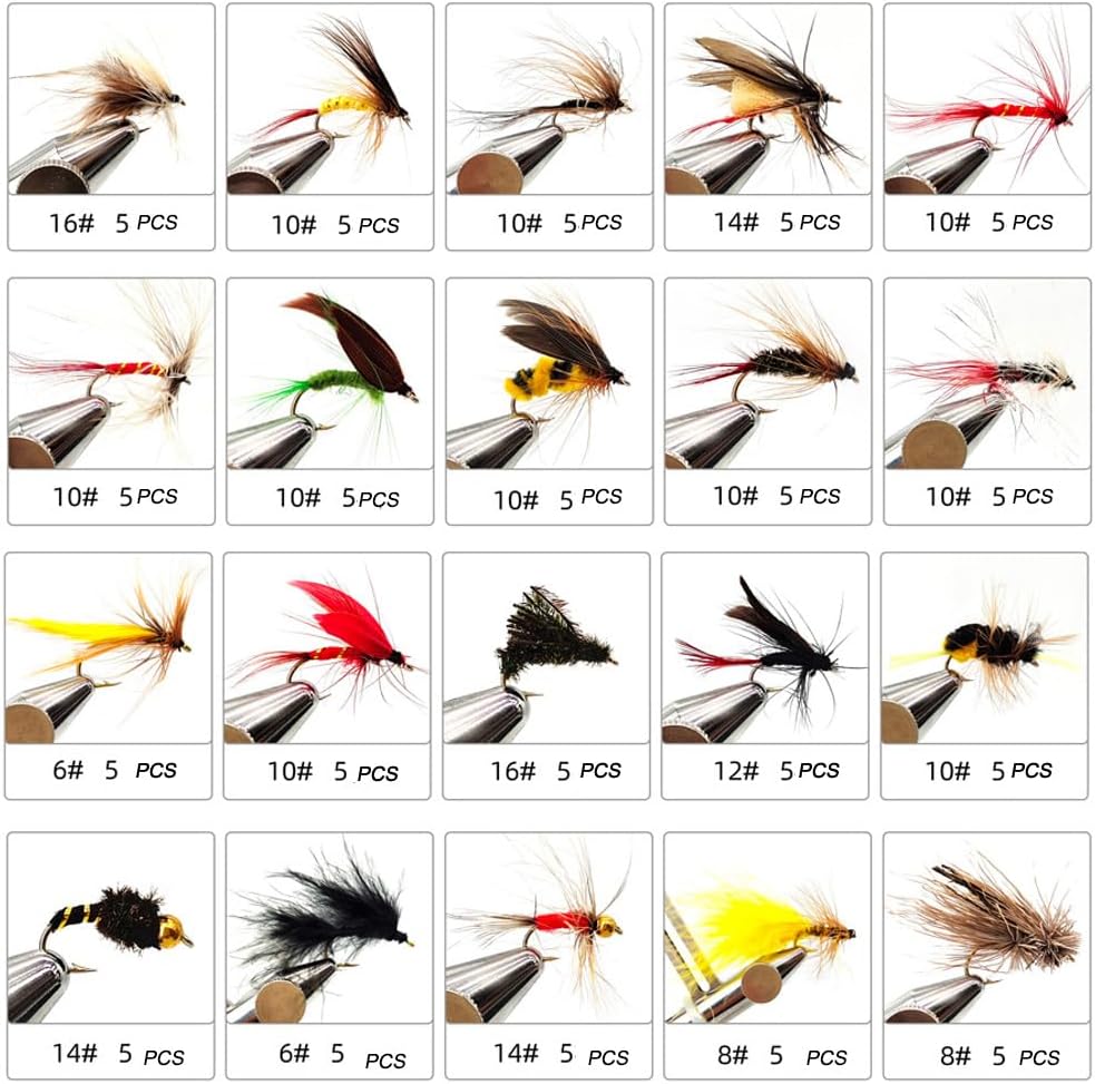 Kylebooker Fly Fishing Flies Assortment Kit - 100pcs Dry & Wet Nymphs with Fly Box