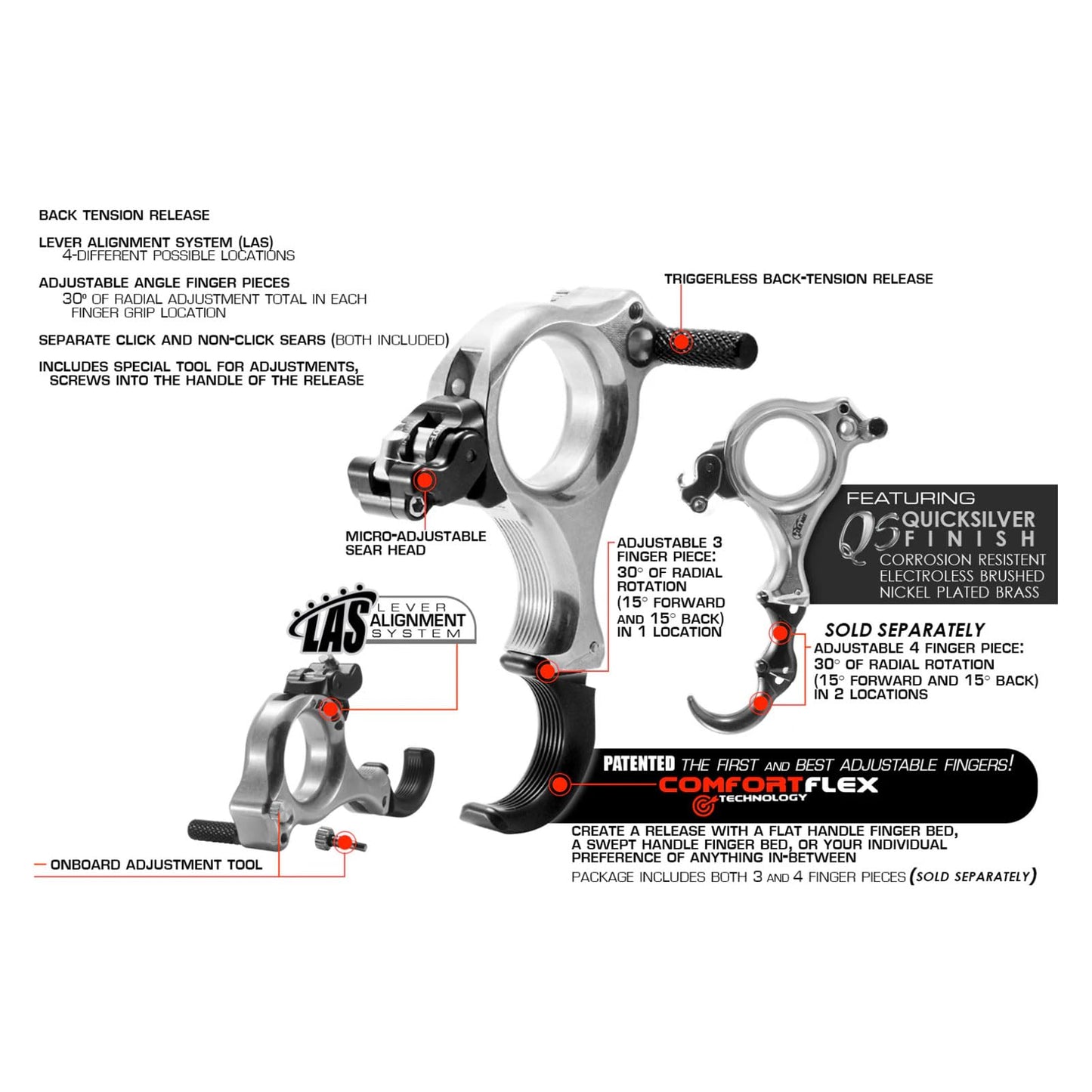 T.R.U. Ball Archery Fulkrum Flex 3 Finger Quicksilver Medium Release (TFLF-QS-M)