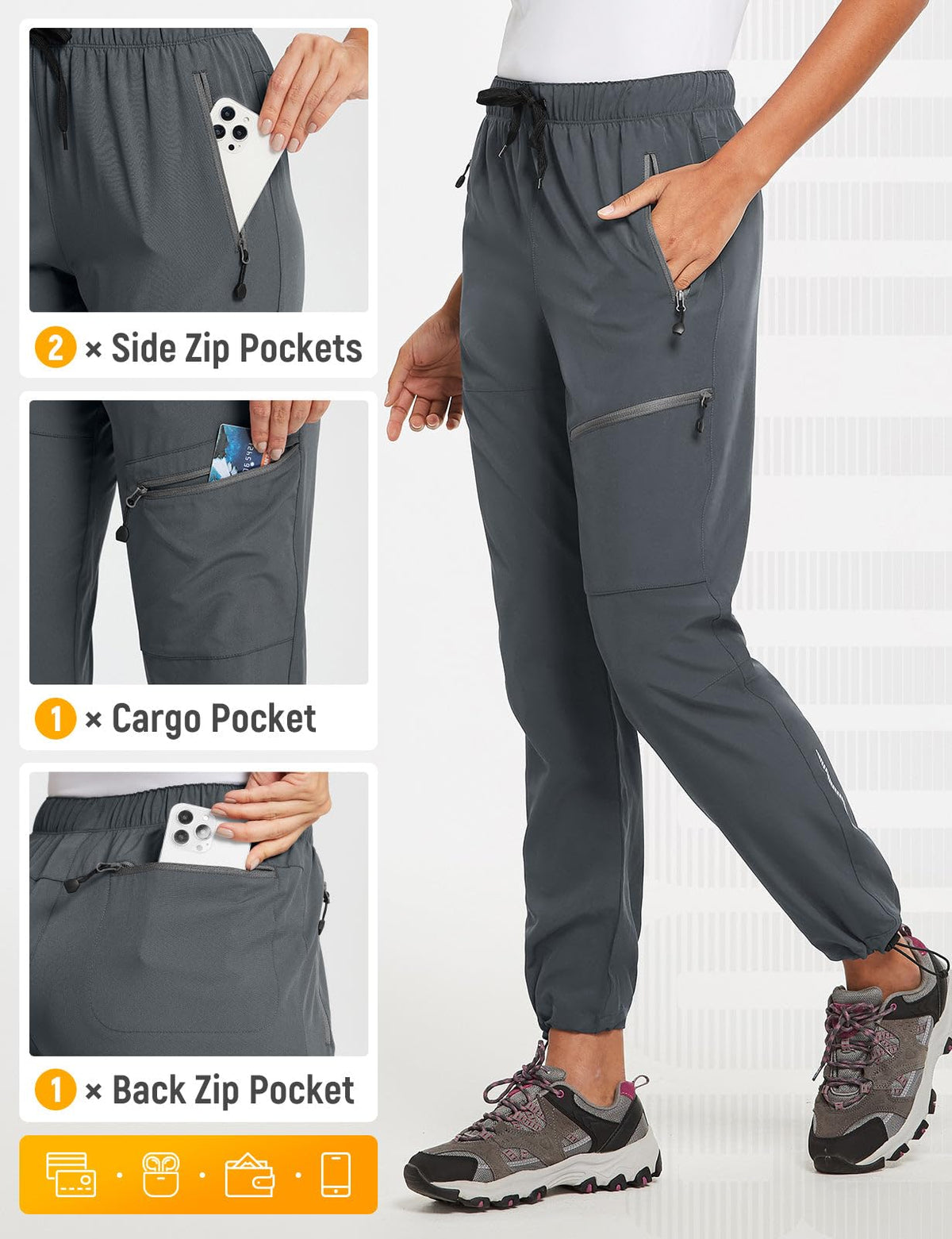 baleaf Travel Pants Women Hiking Long Tall Lightweight Quick Dry Water Resistant Cargo Pants 31'' Trip 31''-Dark Gray XS