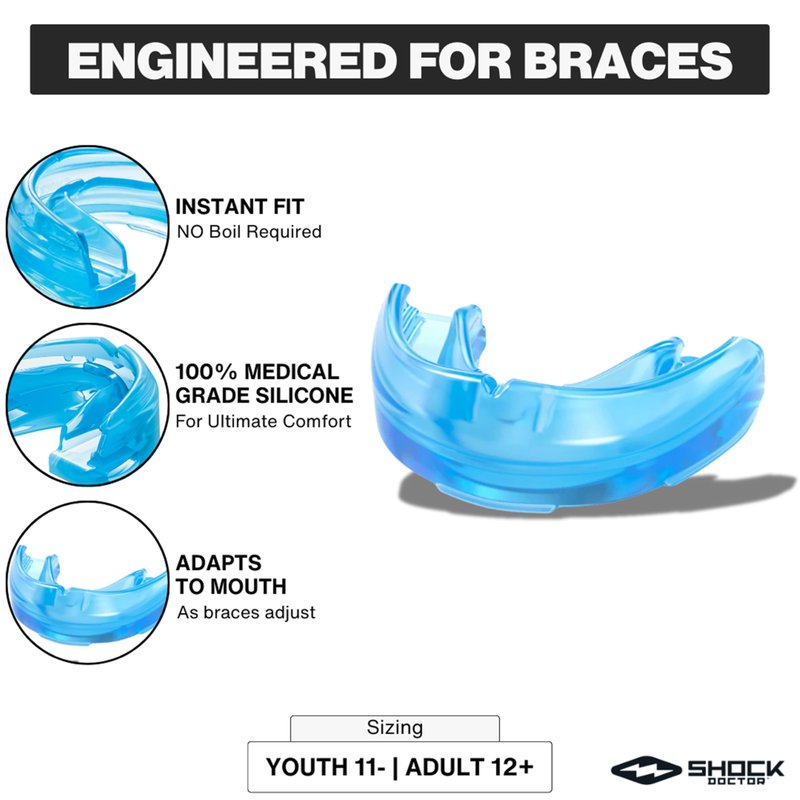 Shock Doctor Mouth Guard for Braces, Upper Teeth Protection, Instant Fit, Adult & Youth Sizes