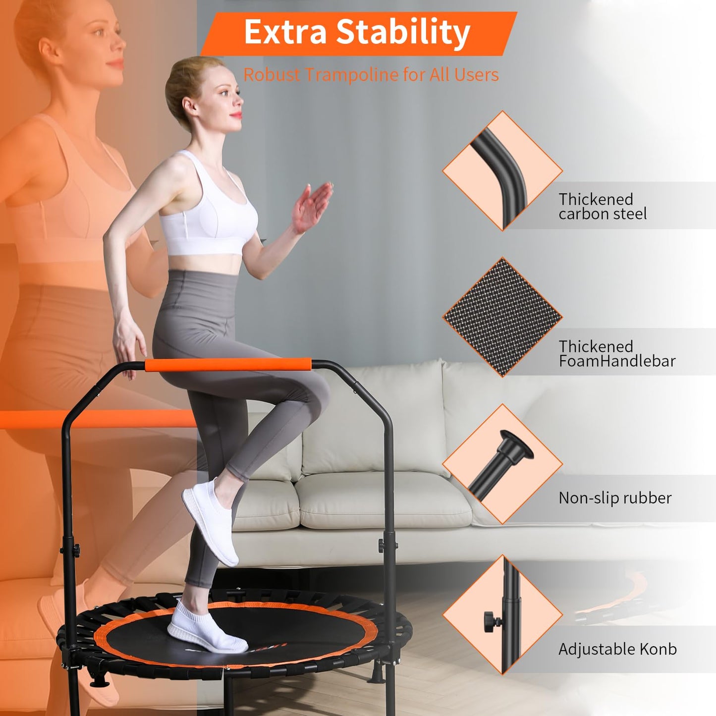 40"/48" Foldable Mini Trampoline Load 450lbs,Portable Exercise Rebounder Trampoline with Adjustable Foam Handle,Fitness Trampoline for Adults and Kids (48 in with handrail)