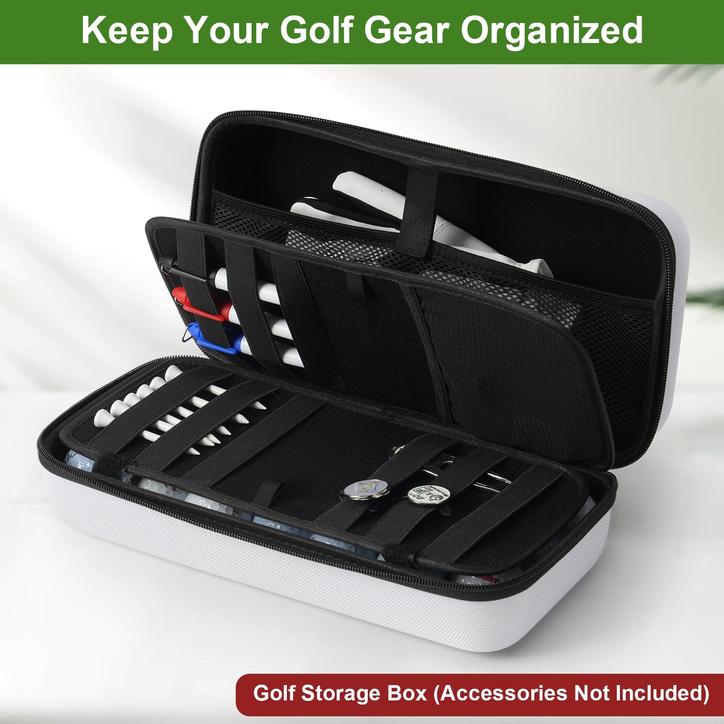 MINGLITAI Golf Ball Storage Box, Portable Golf Accessories Organizer with Carabiner, Large Capacity Golf Valuables Pouch for 21 Balls, Glove, Tees, Markers (Light Gray)