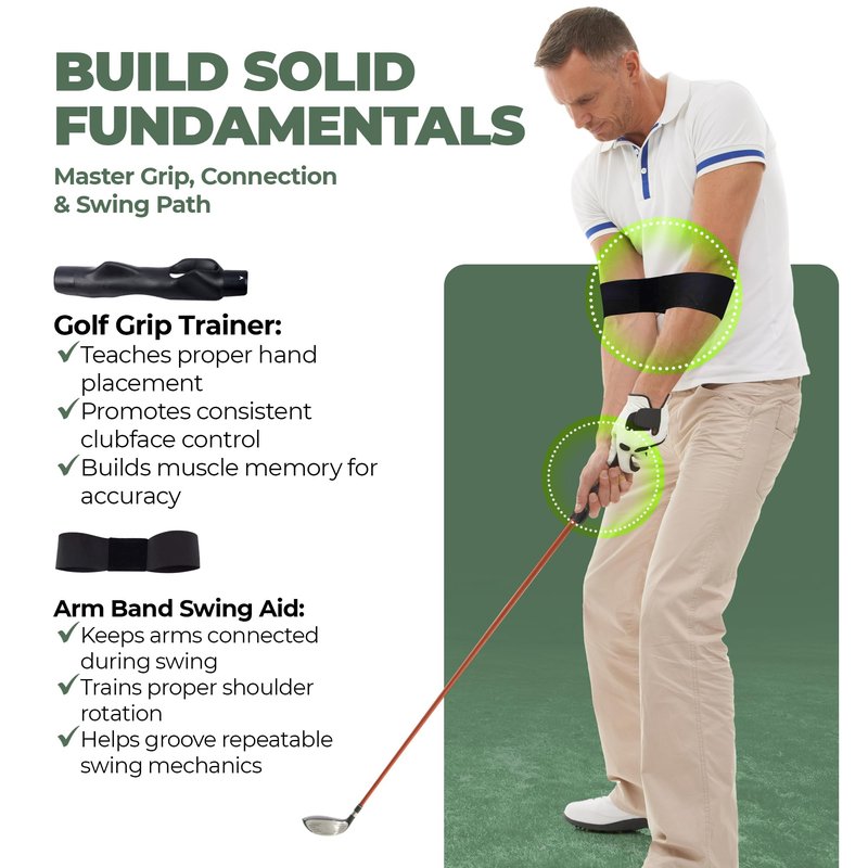 6-in-1 Golf Swing Trainer with Divot Board, Golf Grip Trainer, Alignment Sticks and Training Aid | Golf Accessories for Men & Women | Hitting Mat Practice Indoor & Outdoor