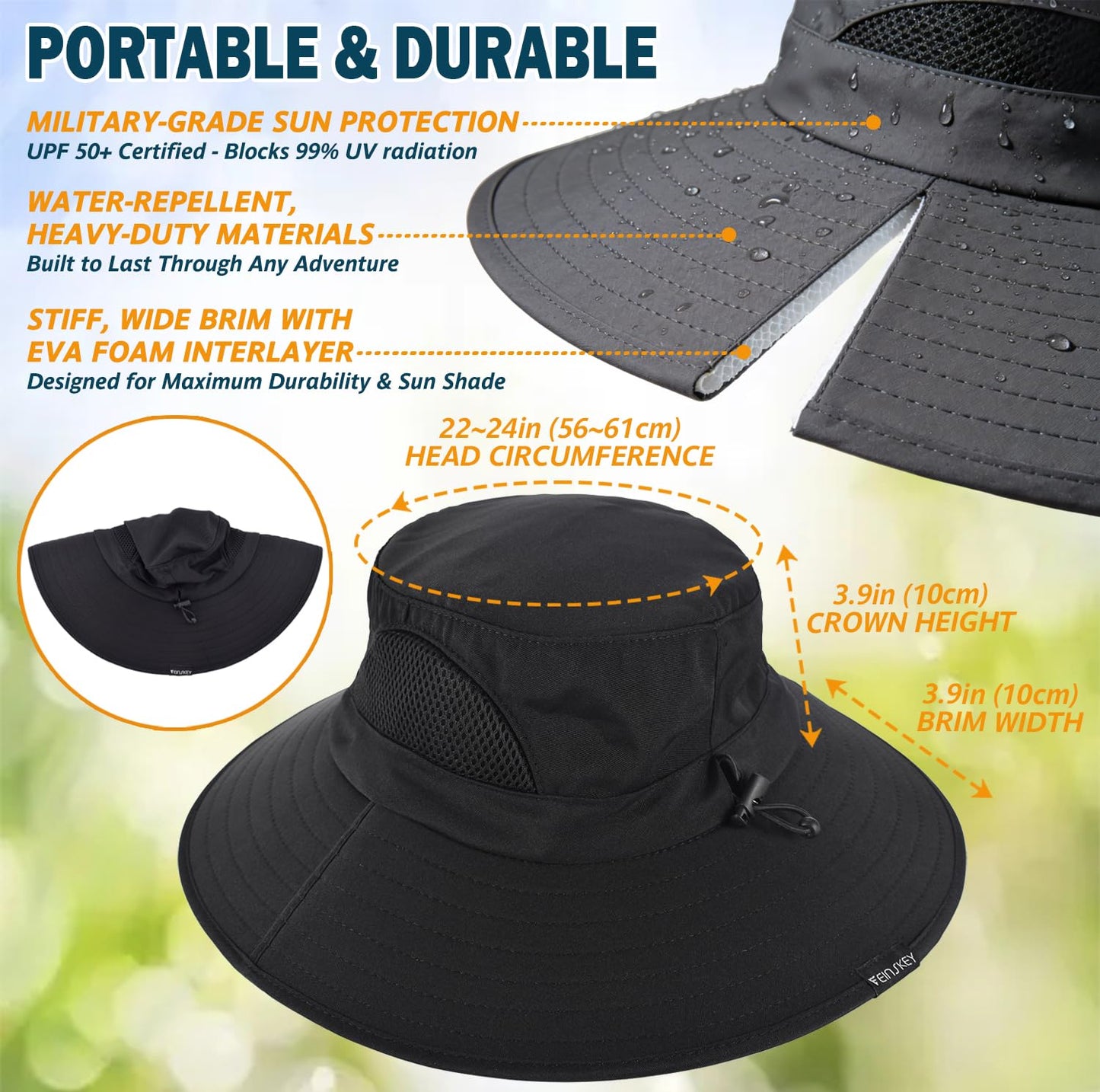 EINSKEY Unisex Sun Hat, Waterproof Wide Brim Bucket Hat Packable Boonie Hat for Fishing Hiking Gardening Safari Beach