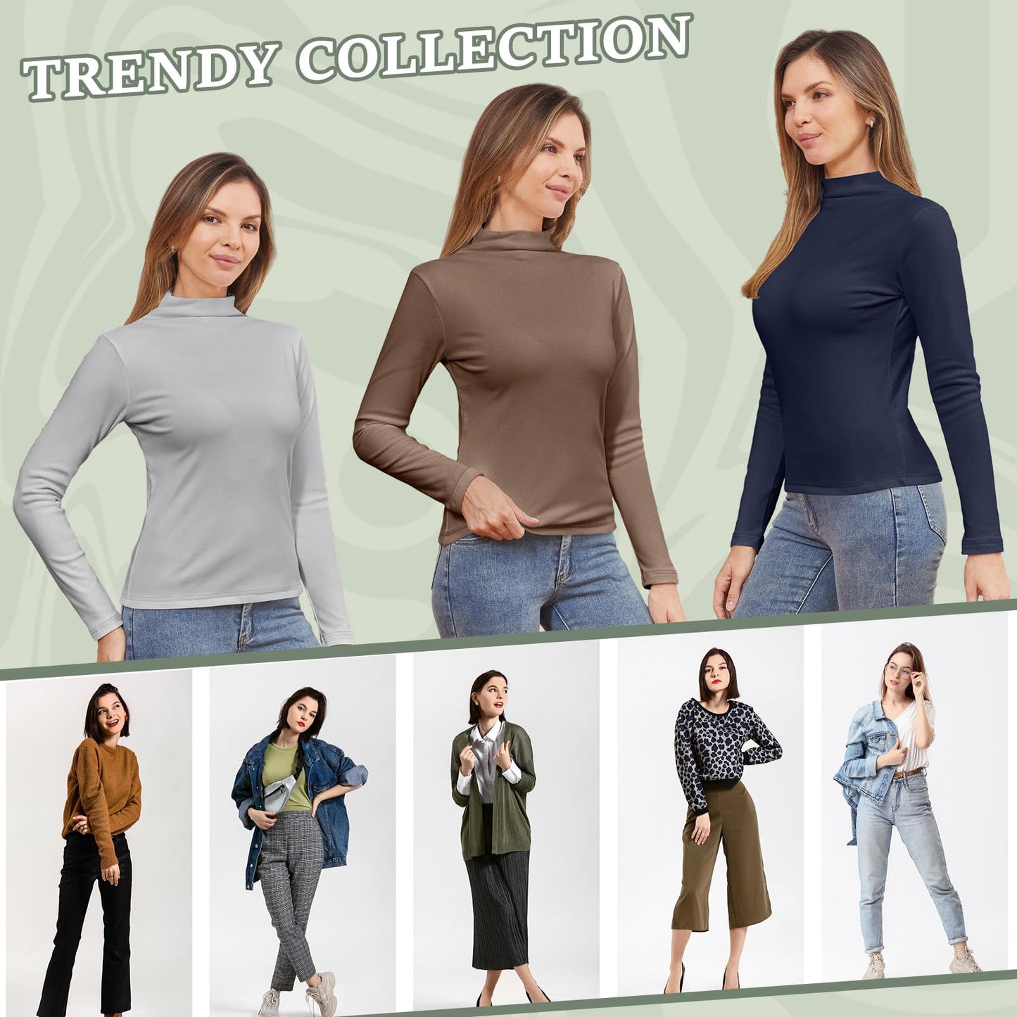 Geyoga 3 Pcs Women Mock Turtleneck Long Sleeve Shirts Neck Slim Fit Traceless Tops Winter Thermal Underwear Fleece Lined Top(Light Grey,Coffee,Navy Blue,L)