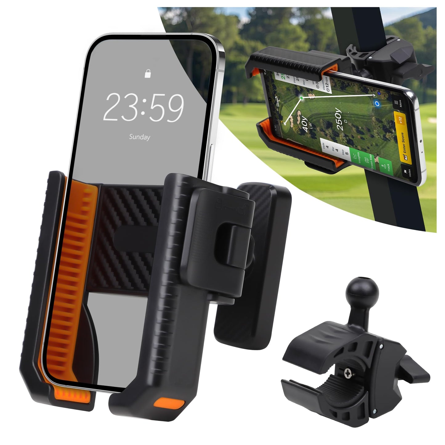 ROWFEN Phone Holder for Golf Cart - Golf Phone Holder with 2 Bases (Magnetic Base & Clamp Base), 360° Rotation, Universal Fit for Smartphones/Thick Cases, Secure Hands-Free Golf Accessories (Orange)
