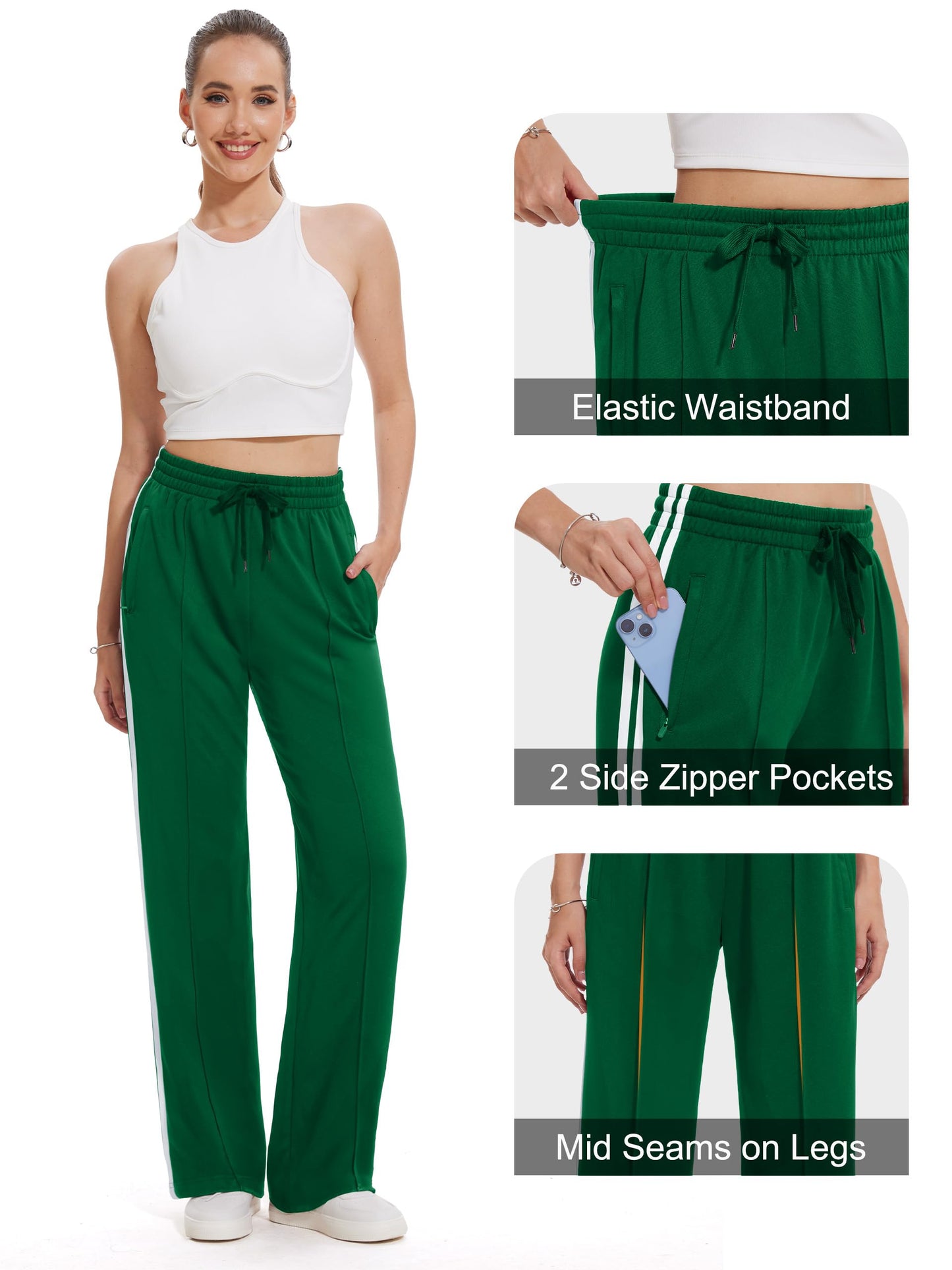 Tapata Petite Women 28" Inseam Warm Up Track Pants Wide Leg Sweatpants Lightweight Side Stripe Ladies Slacks Workout, Green, XL