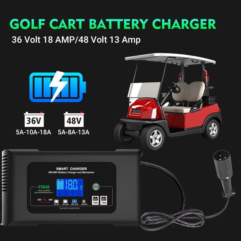 Golf Cart Battery Charger, 36 Volt 18 AMP/48 Volt 13 Amp Large Screen Golf Cart Charger for Club Car Golf Carts with 3 Pin Round Plug, Lithium, LiFePO4, Lead-Acid AGM/Gel/SLA Smart Battery