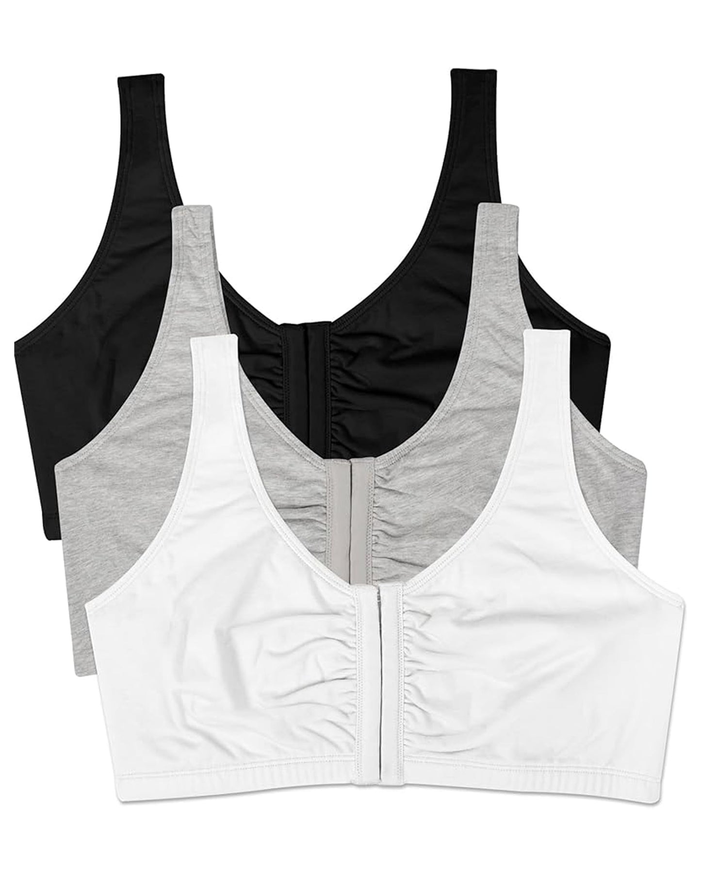 Fruit of the Loom womens Front Closure Cotton Sports Bra, Black/White/Heather Grey 3-pack, 36 US