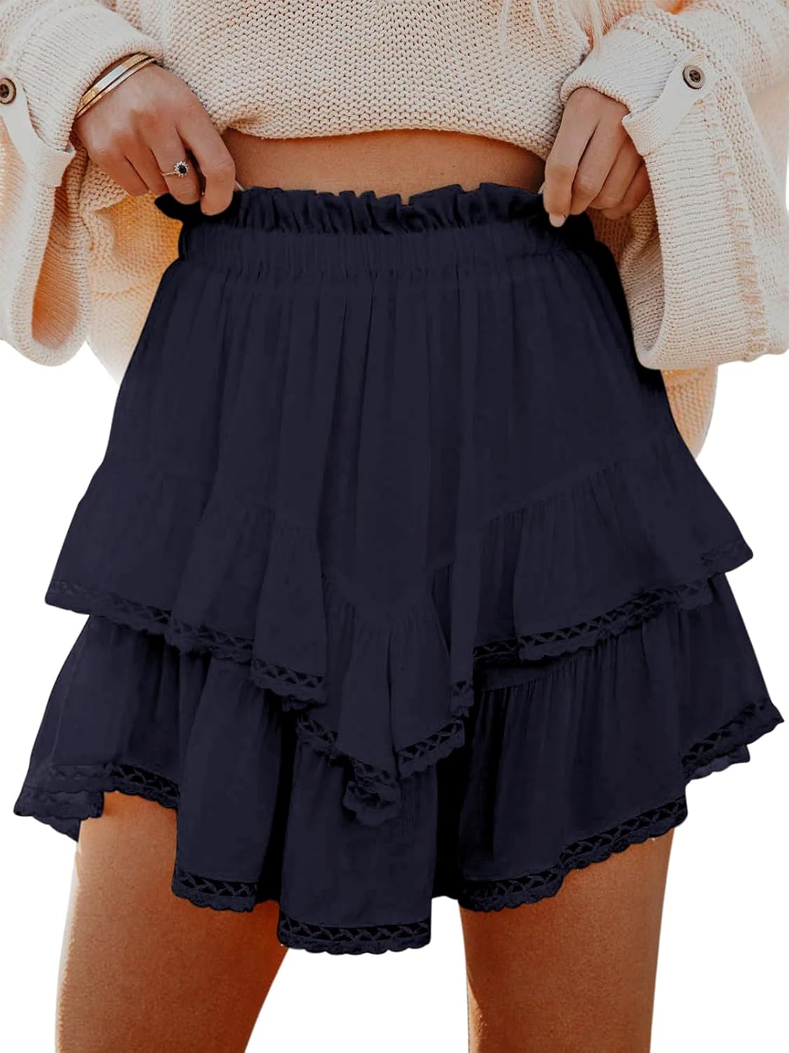 Flowy Shorts for Women - Casual Boho Ruffle Tiered Skorts | High Waist Mini Golf & Tennis Crochet Shorts