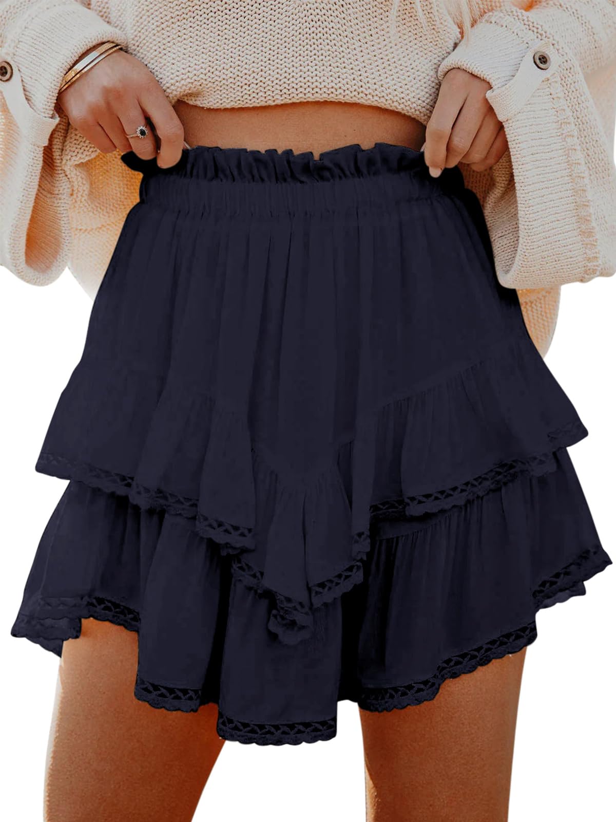 Aoudery Flowy Shorts for Women Casual Boho Ruffle Tiered Skorts High Waist Mini Skirts Golf Tennis Butterfly Crochet Shorts - Navy Blue M