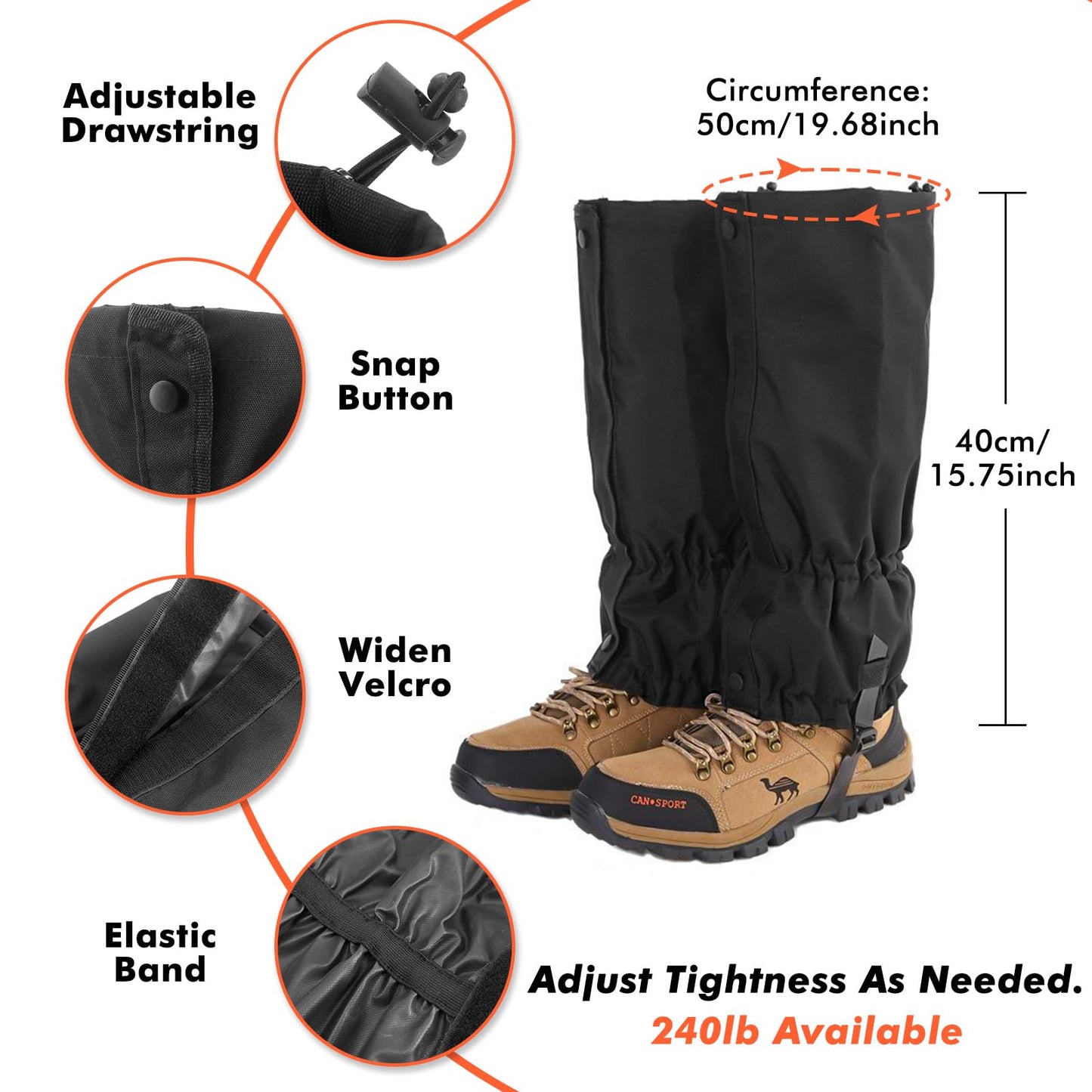NewDoar Leg Gaiters Waterproof Snow Boot Gaiters with 600D Anti-Tear Oxford Fabric Walking Gaiters for Hiking,Hunting,Backpacking,Ice Climbing,Skiing,Snowshoeing(One Size)