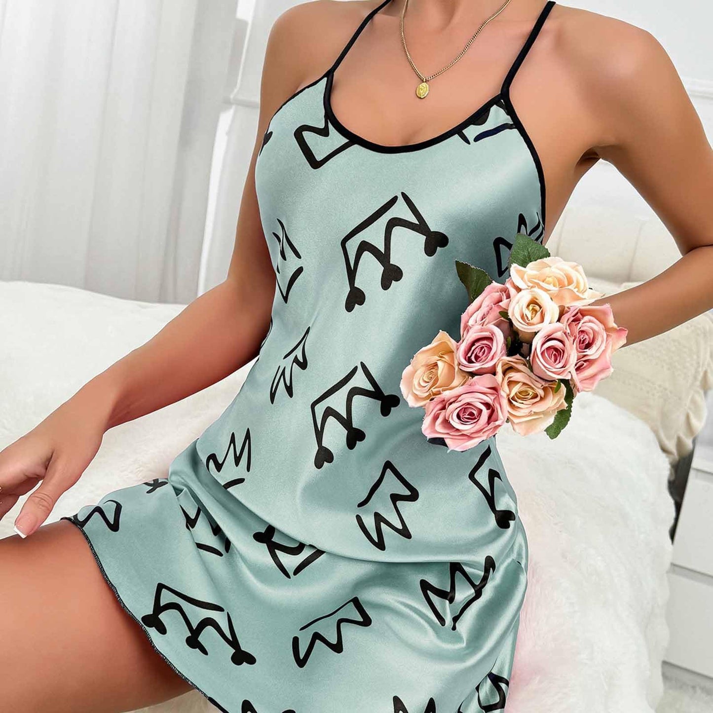 Womens Nightdress Fashion Print Sexy Backless Ice Silk Sling Pajamas Dresses Nightgowns Chemise Sleepwear Lingerie Style001 Green Small