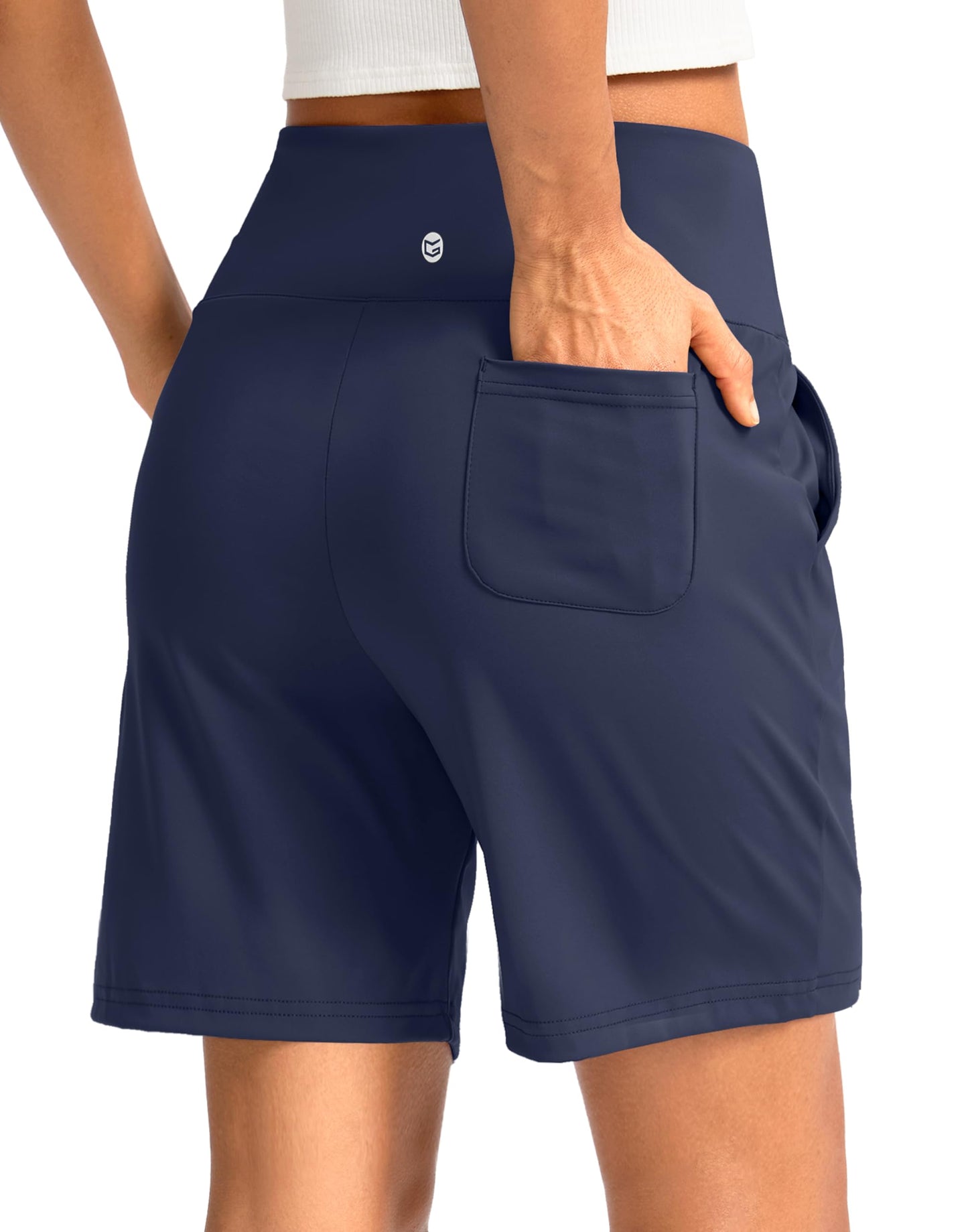 G Gradual Women's Bermuda Long Shorts with Pockets 7" High Waisted Knee Length Shorts for Women Walking Athletic Workout(Navy-L7,M)